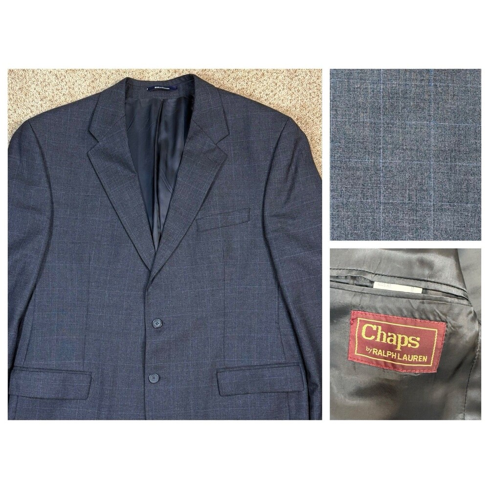 Vtg Chaps Ralph Lauren 46L Mens Wool Sport Coat Grey Blue Plaid Blazer Canada